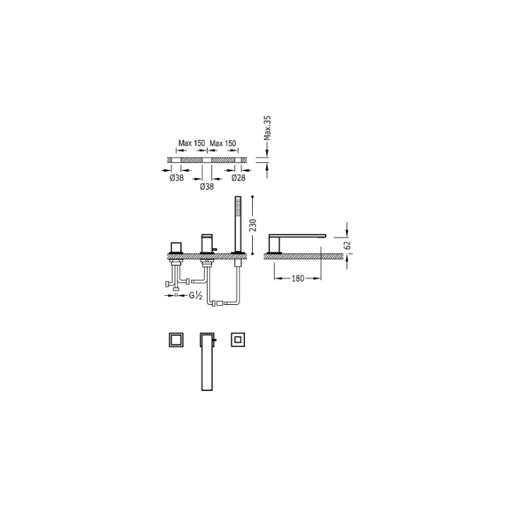 Bateria wannowa 3-otworowa TRES CUADRO-TRES chrom 00616106