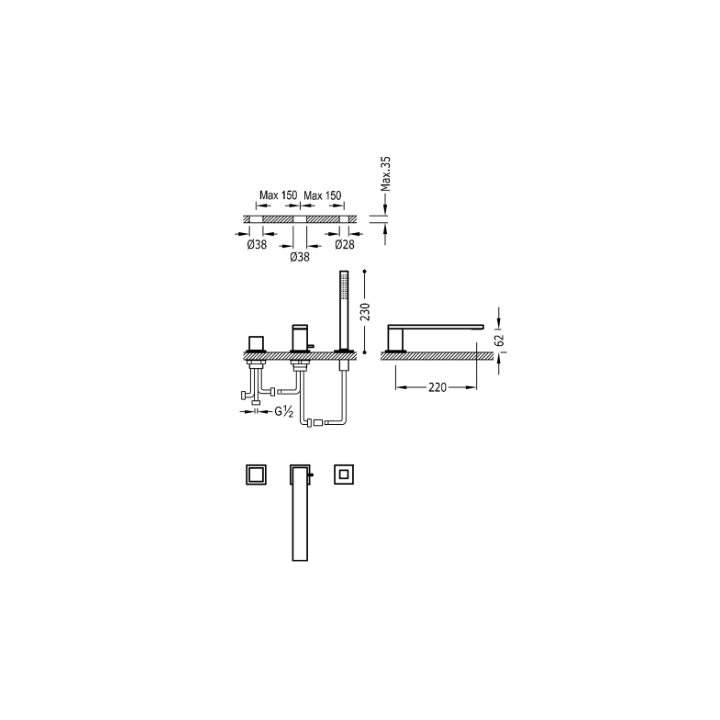 Bateria wannowa 3-otworowa TRES CUADRO-TRES chrom 00616104