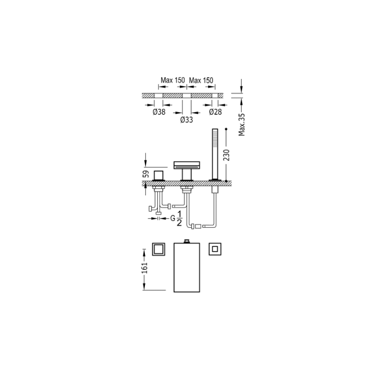 Bateria wannowa 3-otworowa TRES CUADRO-TRES chrom 10716102