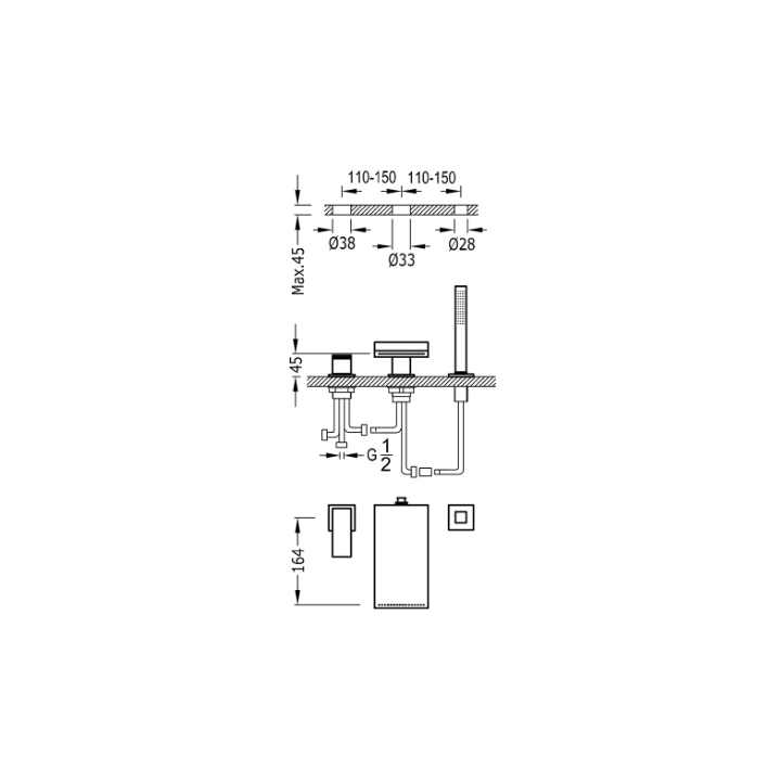 Bateria wannowa 3-otworowa TRES CUADRO-TRES chrom 10616102