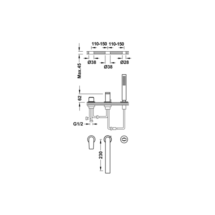 Bateria wannowa trzyotworowa TRES PROJECT TRES czarny brąz 21116103KMB