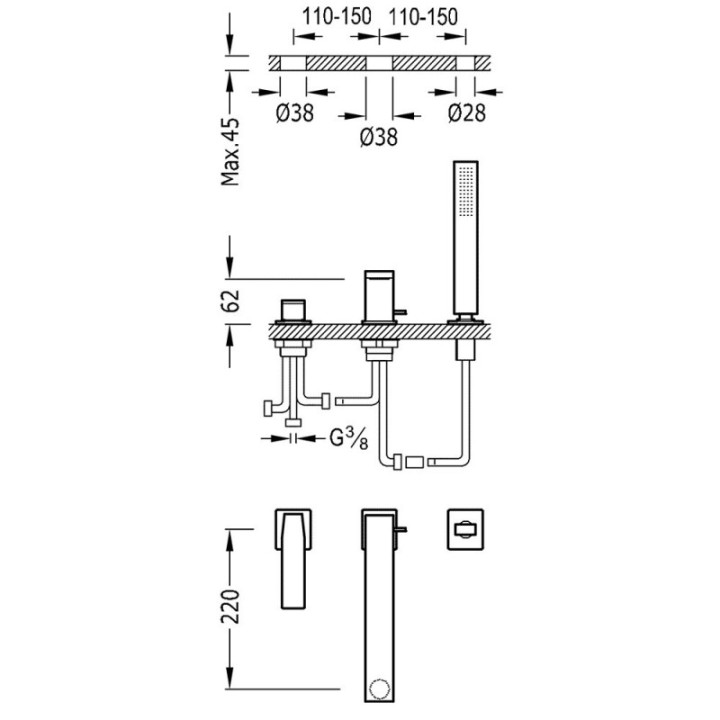Bateria wannowa trzyotworowa Tres Slim Exclusive wylewka 220mm stal 20216101AC