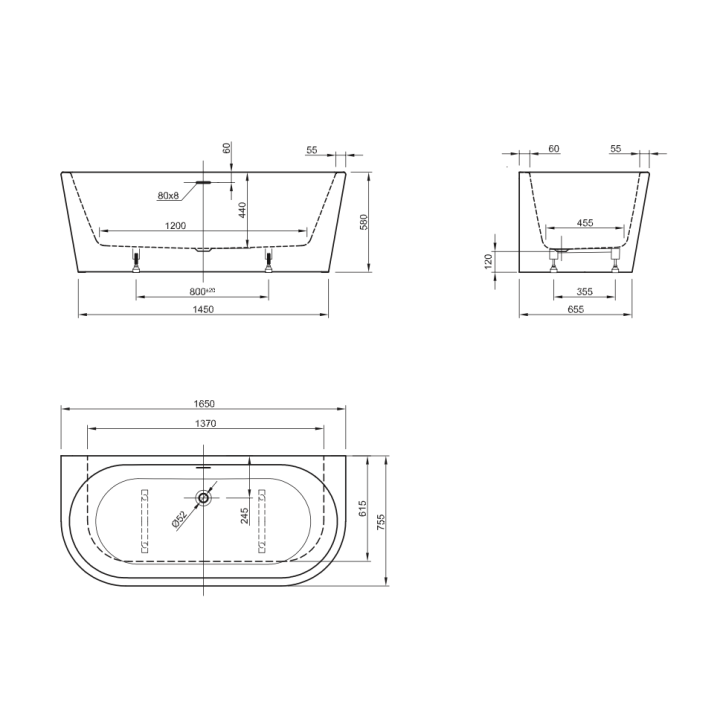 Wanna przyścienna 165x75,5 cm ROCA ETERNITY WALL biała A24T453000