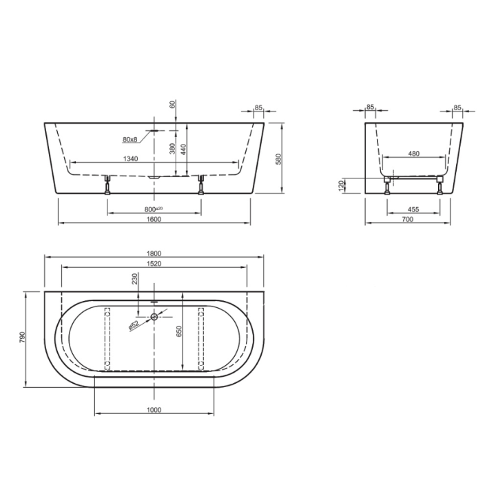 Wanna przyścienna 180x80 cm ROCA ETERNITY WALL biała A24T275000
