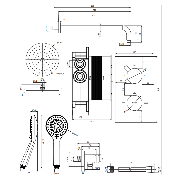 Termostatyczny system prysznicowy Omnires Y podtynkowy chrom SYSYT01XCR