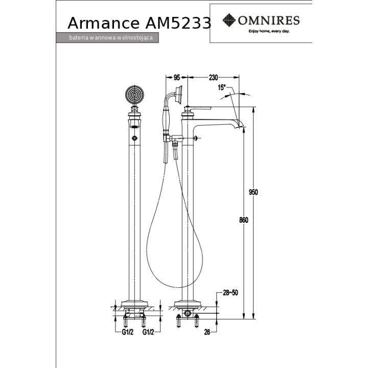 Bateria wannowa Omnires Armance wolnostojąca złota AM5233GL