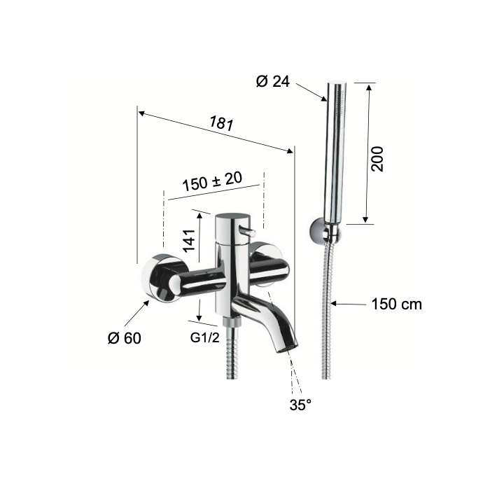 Bateria wannowa ścienna DANIEL TOKYO miedź szczotkowana TX610.64