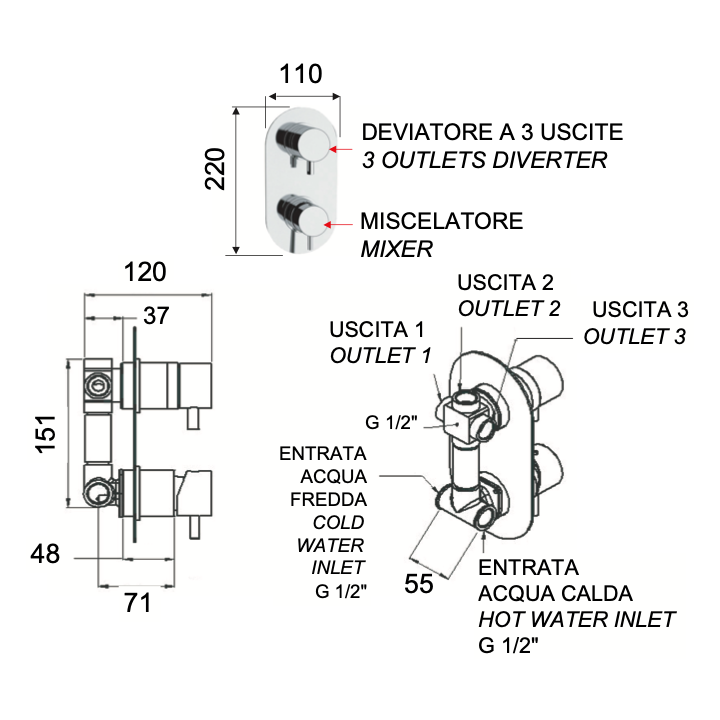 Bateria podtynkowa 3-drożna DANIEL TOKYO miedź szczotkowana TX612D3.64