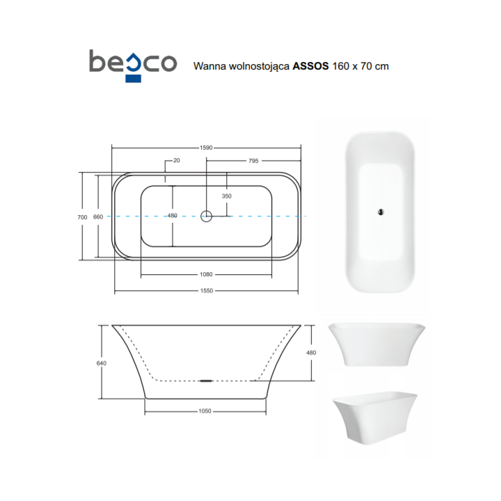 Wanna wolnostojąca Besco ASSOS 160x70cm biała WMD-160-A
