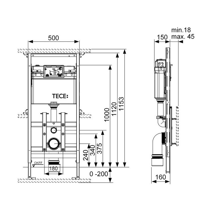 Stelaż WC TECElux 100, wysokość zabudowy 1120 mm 9600100