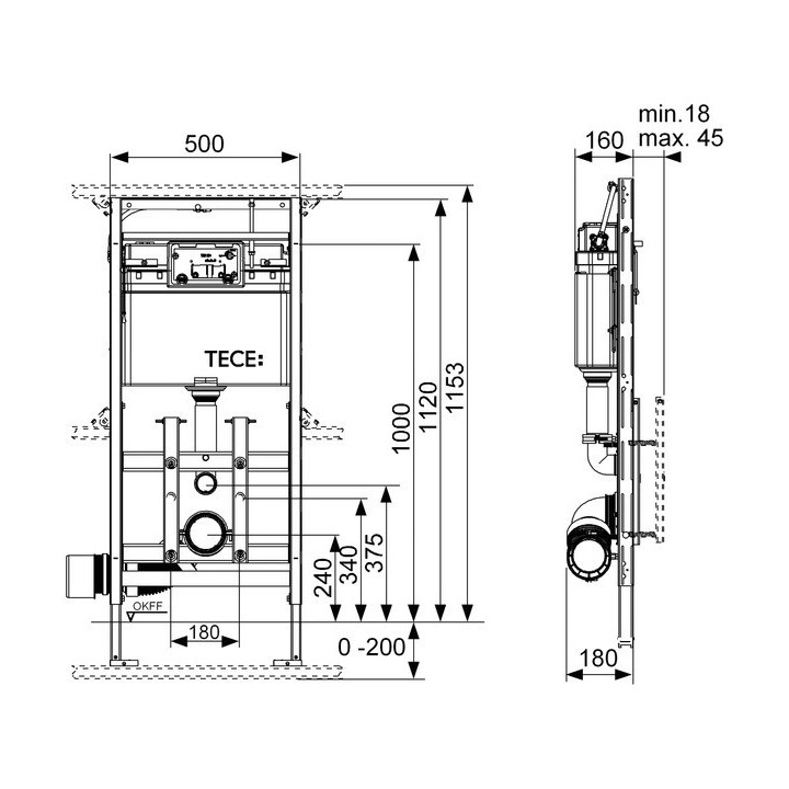 Stelaż WC TECElux 200, wysokość zabudowy 1120 mm z możliwością regulacji 9600200