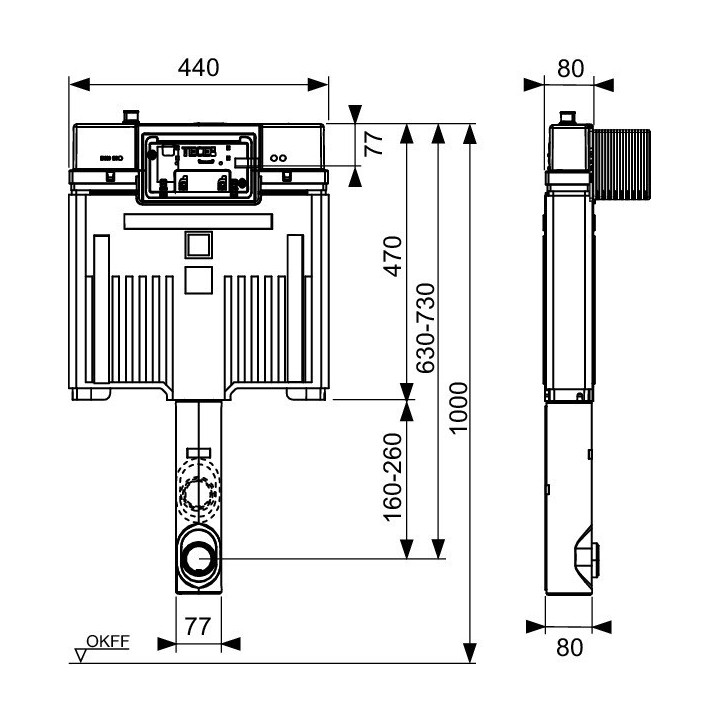 Stelaż WC TECEbox spłuczka Octa II 8 cm, do montażu ceramiki stojacej WC, z siatką zbrojeniową wysokość montażowa 1075 mm 937050