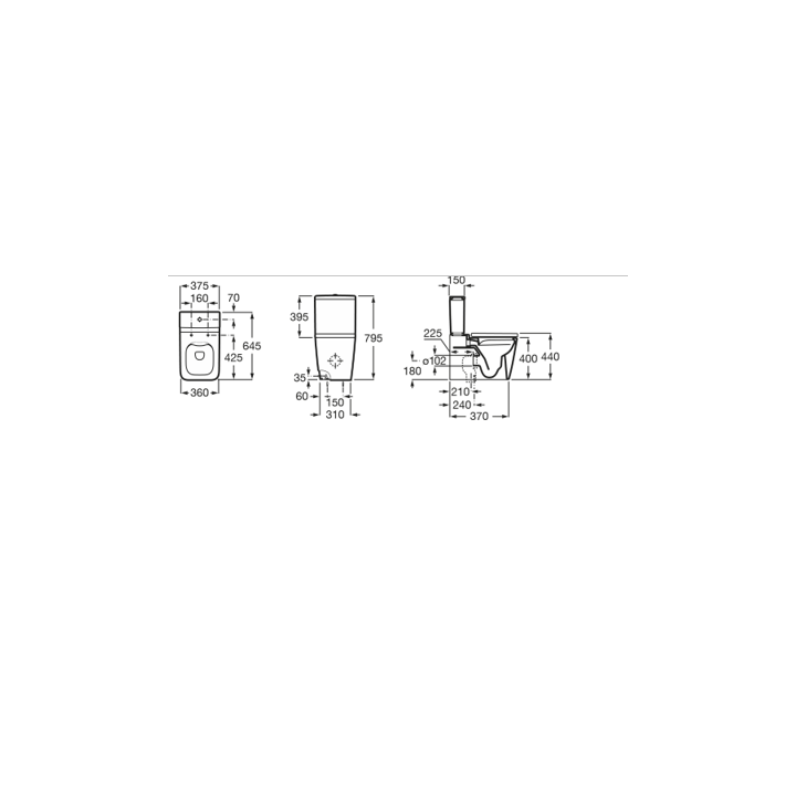 Miska WC ROCA INSPIRA Square o/podwójny do kompaktu Rimless 645mm biały A342536000