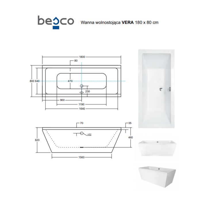 WANNA WOLNOSTOJĄCA BESCO VERA 180x80CM BIAŁA WKV-180-WO