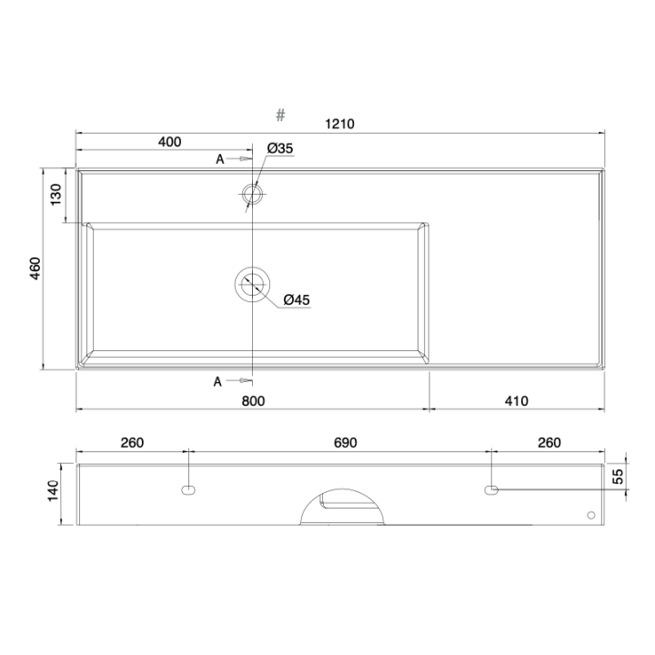 Umywalka 121x46 cm SCARABEO TEOREMA 2.0 z otw. lewa ardesia 512149