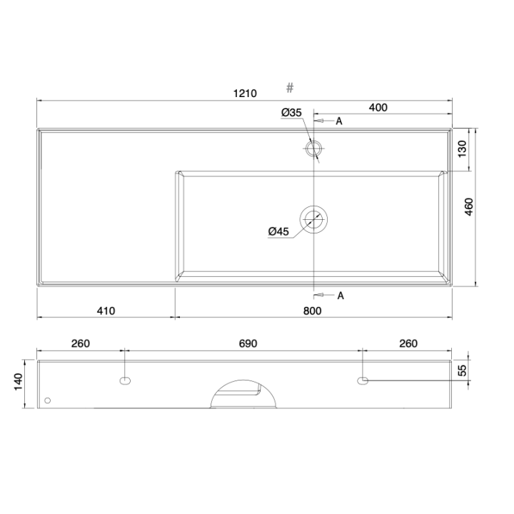 Umywalka 121x46 cm SCARABEO TEOREMA 2.0 z otw. prawa ardesia 512249
