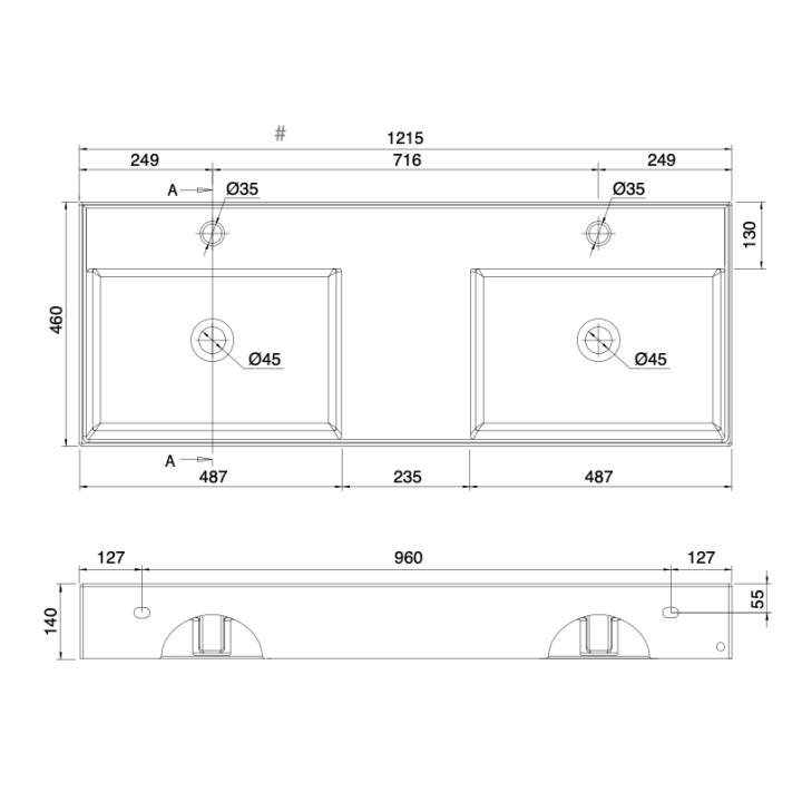 Umywalka 121,5x46 cm SCARABEO TEOREMA 2.0 z 2 otw. perłowa 514341