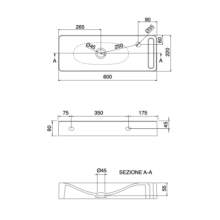 Umywalka wisząca 60x22 cm SCARABEO HUNG z otw. biała 1511