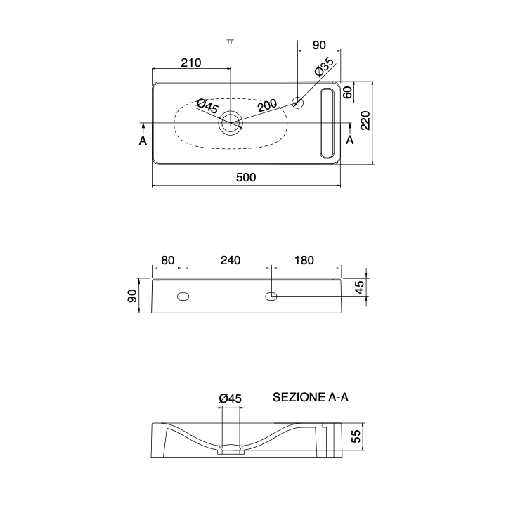 Umywalka wisząca 50x22 cm SCARABEO HUNG z otw. lawa 151237