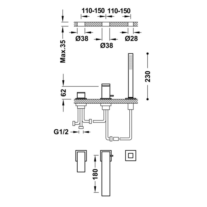 Bateria wannowa trzyotworowa TRES CUADRO chrom 00616105