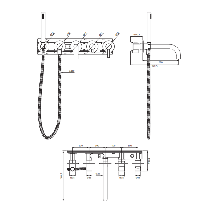 Bateria wannowa Omnires Y 5-otworowa podtynkowa nikiel Y1237/1NI