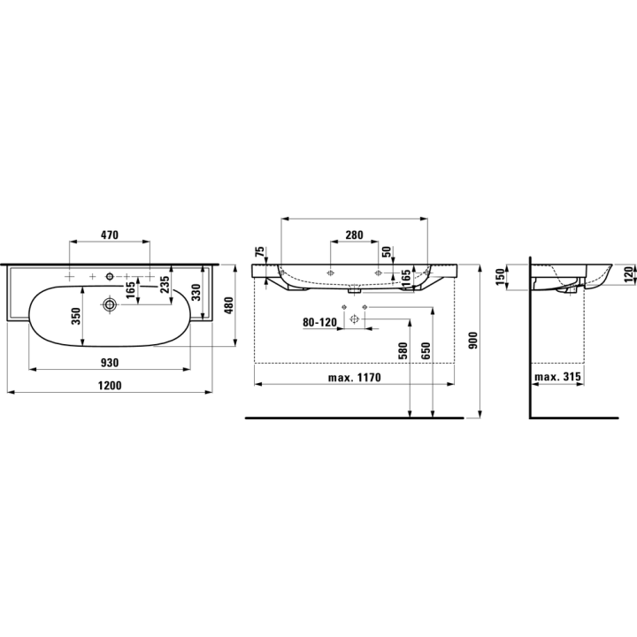 Umywalka Laufen The New Classic 1200 x 480 mm z 2 otw. biały mat H8138587571071