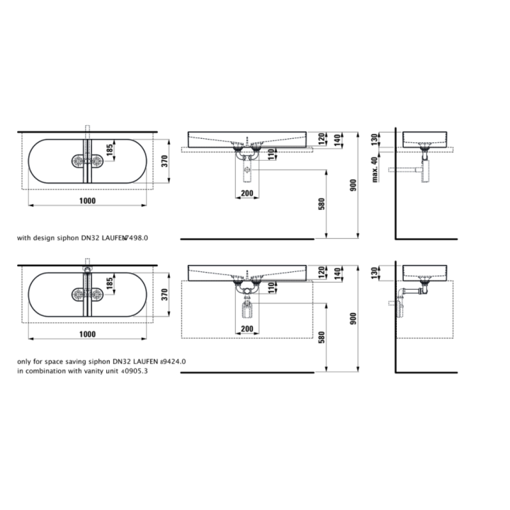 Umywalka nablatowa Laufen Sonar 1000x370 mm biała LCC H8123484001121