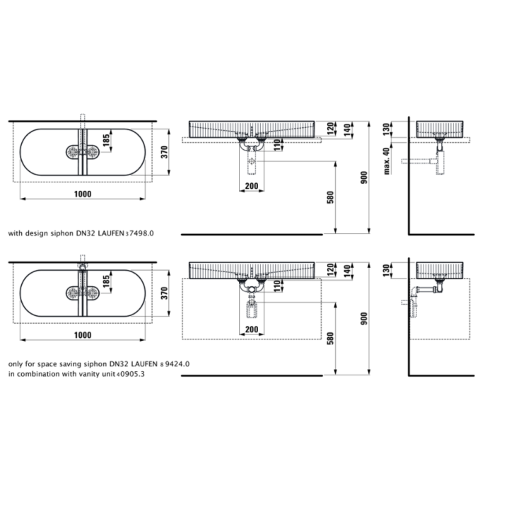 Umywalka nablatowa Laufen Sonar 1000x370 mm biała LCC H8123494001121