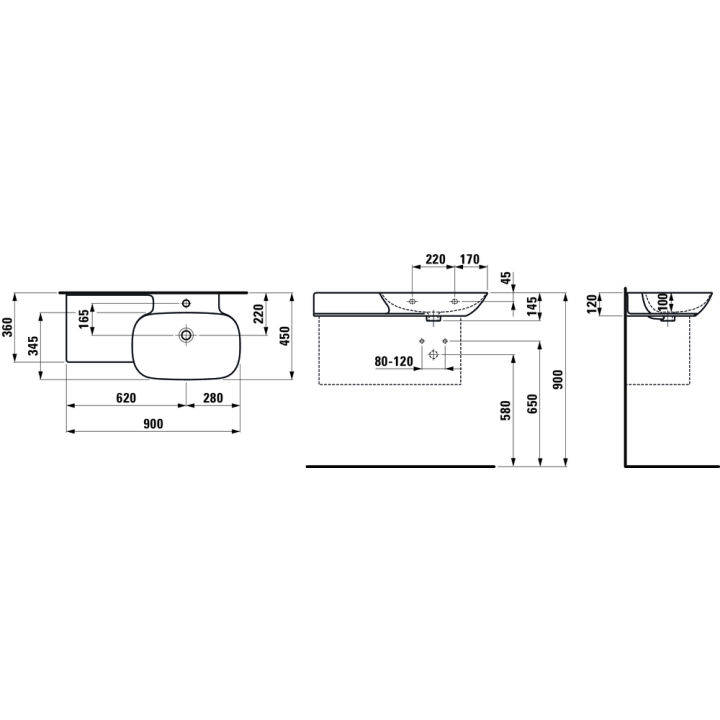 Umywalka Laufen Ino 900x450 mm z blatem po lewej z otw. biała LCC H8133014001041