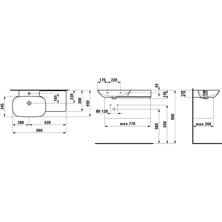 Umywalka Laufen Ino 900x450 mm z blatem po prawej z otw. biała LCC H8133024001041