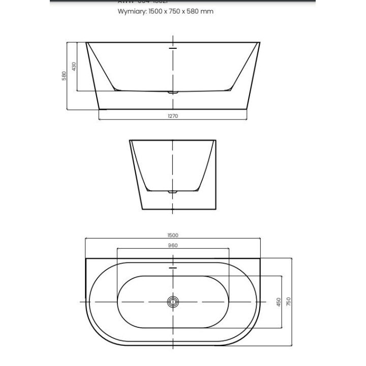 Wanna wolnostojąca AD naturalnie GAULI 1500x750x580mm z przelewem AWW-004-150ZP