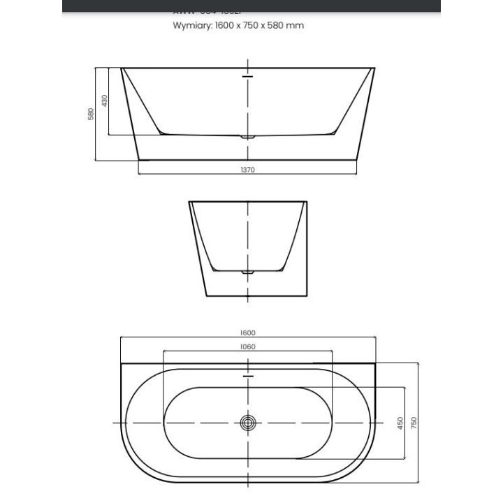 Wanna wolnostojąca AD naturalnie GAULI 1600x750x580mm z przelewem AWW-004-160ZP