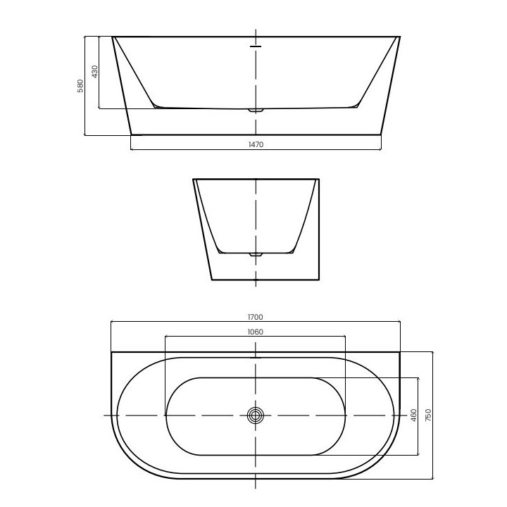 Wanna wolnostojąca AD naturalnie GAULI 1700x750x580mm z przelewem AWW-004-170ZP