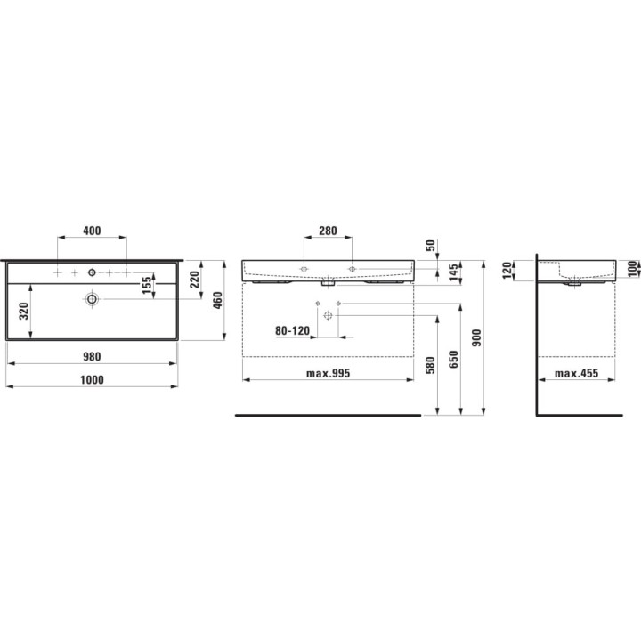 Umywalka 1000x460 mm LAUFEN KARTELL bez otw. grafit mat H8103377581091