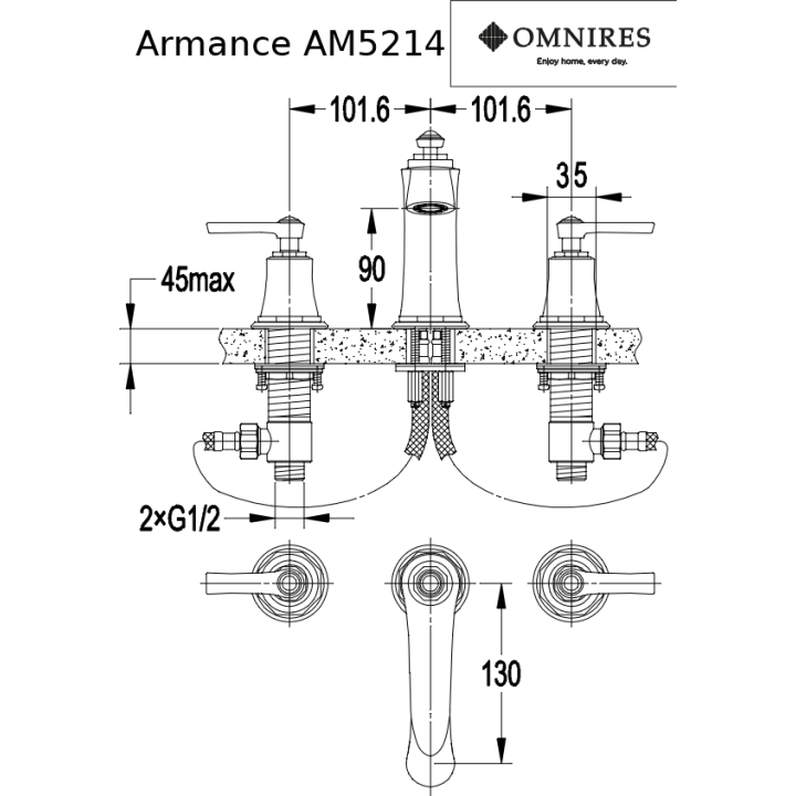 Bateria umywalkowa Omnires Armance trójotworowa złoty AM5214GL