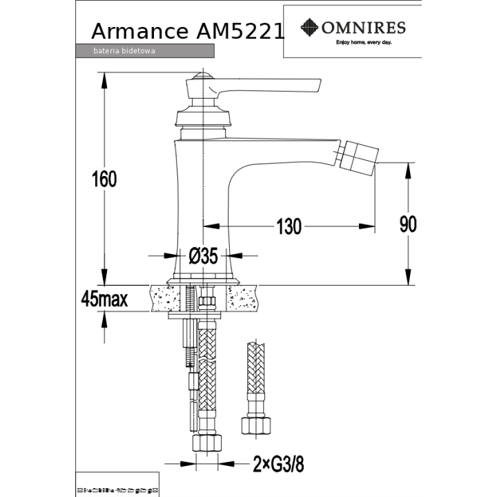 Bateria bidetowa Omnires Armance sztorcowa miedź antyczna AM5220ORB