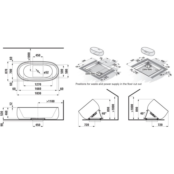 Wanna LAUFEN IL BAGNO ALESSI z oświetleniem i hydromasażem biała H2459720006251