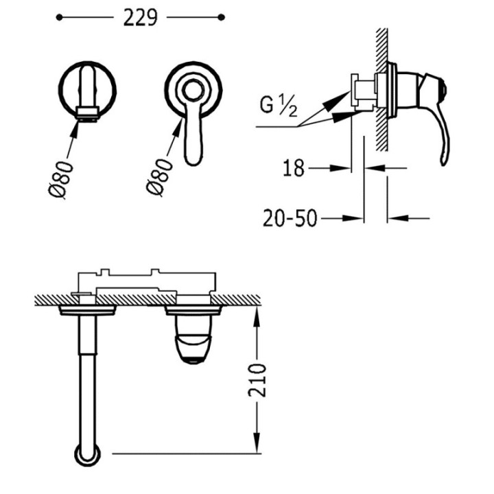 Tres Monoclasic bateria umywalkowa podtynkowa chrom 24220001