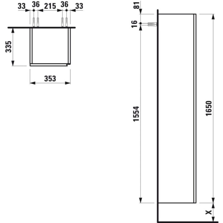 Słupek 1650x335x355 mm LAUFEN PRO LANI wersja lewa biały połysk H4037211122611