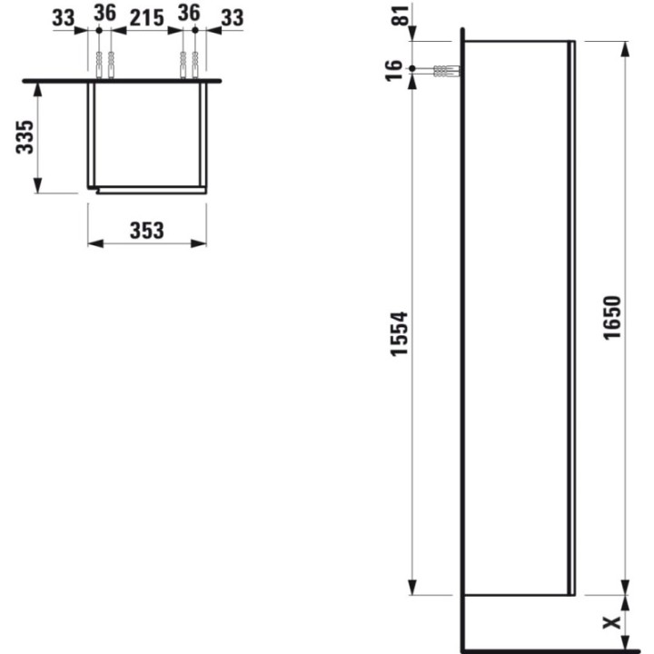 Słupek 1650x335x355 mm LAUFEN PRO LANI wersja prawa biały mat H4037221122601