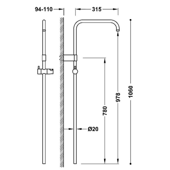 Drążek natryskowy 106 cm TRES OVER-WALL czarny mat 03463501NM
