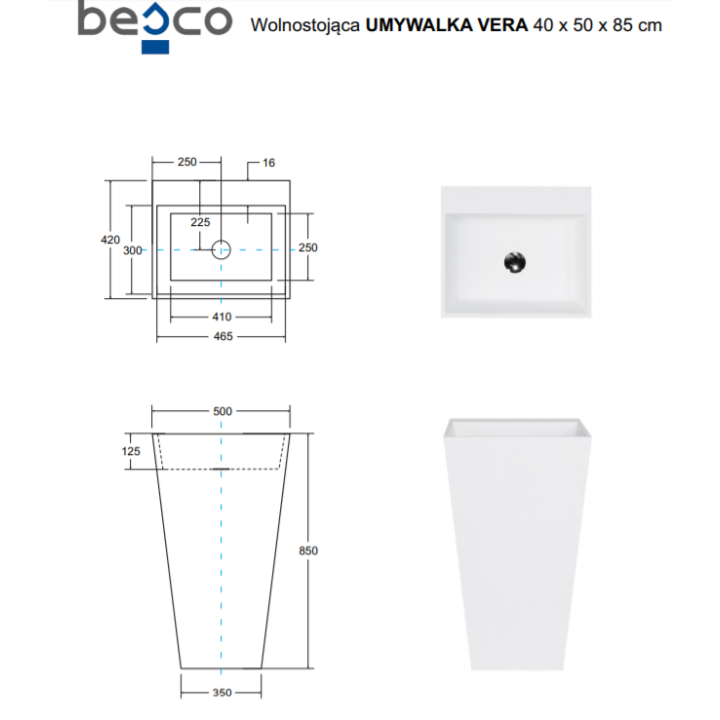 UMYWALKA WOLNOSTOJĄCA BESCO VERA 40x50x85CM BIAŁA MAT UMMB-V-WO