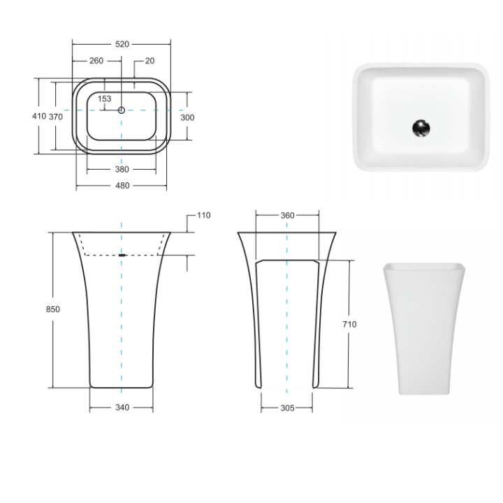 Umywalka wolnostojąca 50x40x85 cm BESCO ASSOS S-LINE bez otw. czarny mat UMMC-AP-WO