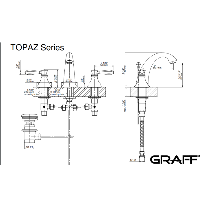 Bateria umywalkowa Graff Topaz 3- otworowa chrom E-1900-LM63L-PC