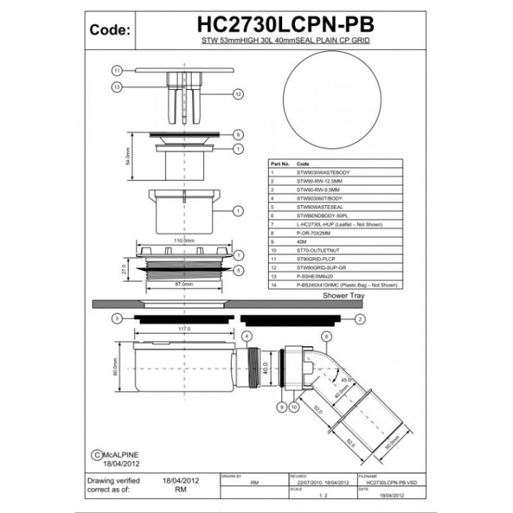 Syfon brodzikowy niski,czyszczony od góry fi 90 McAlpine HC2730LCPN-PB