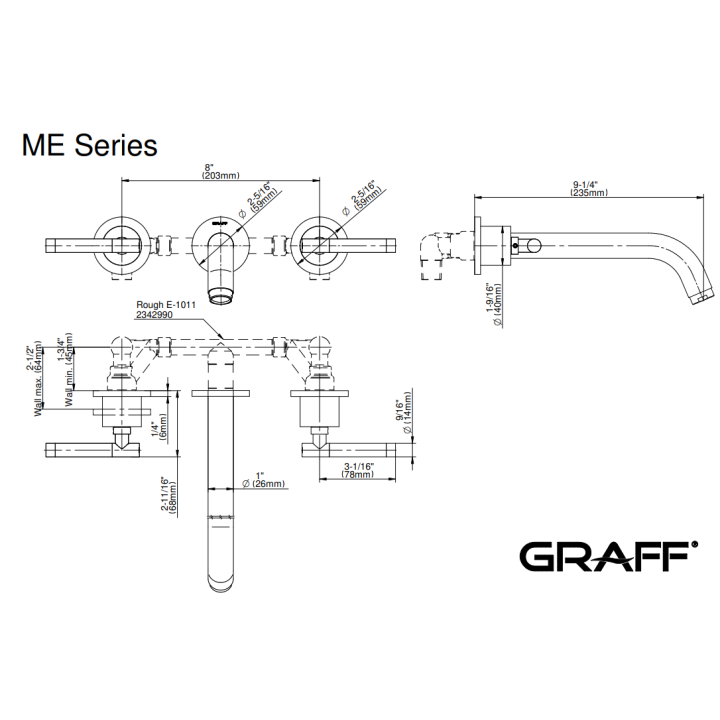 Bateria umywalkowa Graff M.E/M.E.25 ścienna wylewka 23,5 cm chrom E-6133-LM62W-PC
