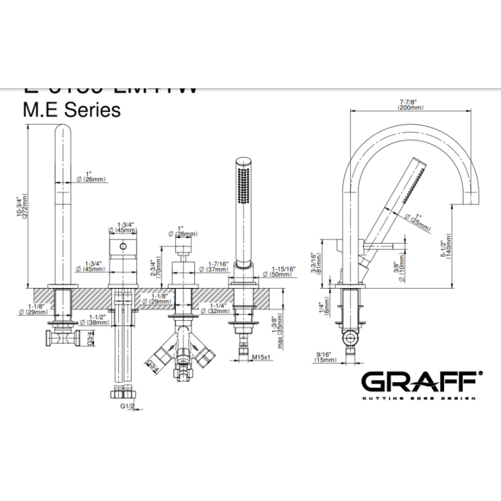 Bateria wannowa Graff M.E/M.E.25 z zestawem prysznicowym chrom E-6159-LM41W-PC