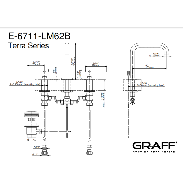 Bateria umywalkowa Graff Terra 3-otworowa chrom E-6711-LM62B-PC