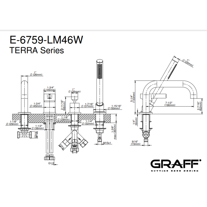 Bateria wannowa Graff Terra z zestawem prysznicowym chrom E-6759-LM46W-PC