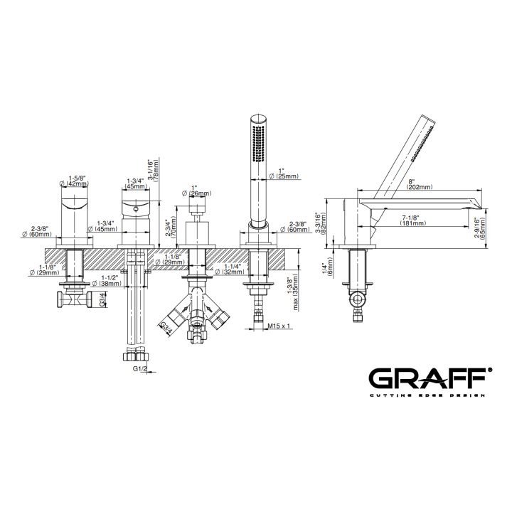 Bateria wannowa Graff Phase z zestawem prysznicowym chrom E-6659-LM45W-PC